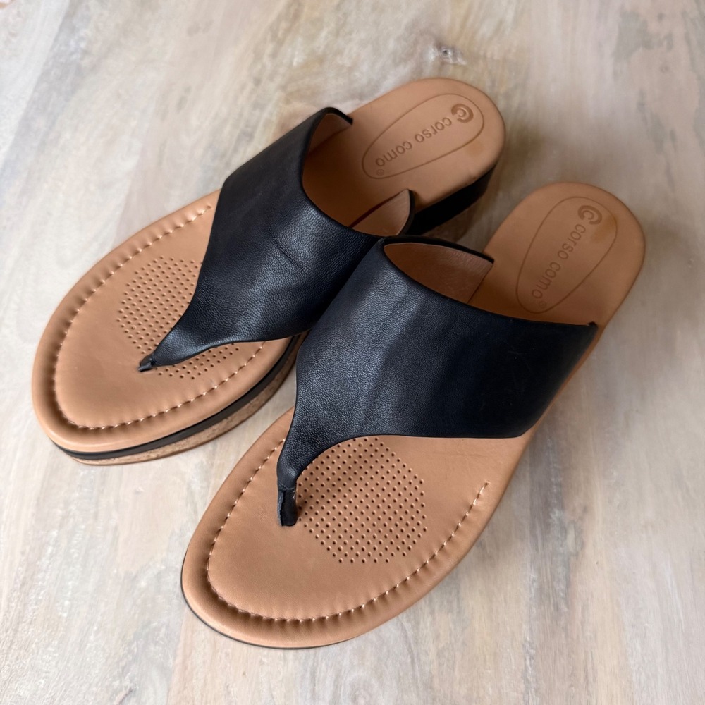 Black leather Wedge Sandals Womens 9 minimalist Cork Platform Thong summer chic - Picture 2 of 7